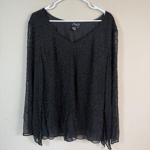Black Beaded Chiffon Top 3X Plus Sheer‎ Sleeves Evening Party Holiday New Years